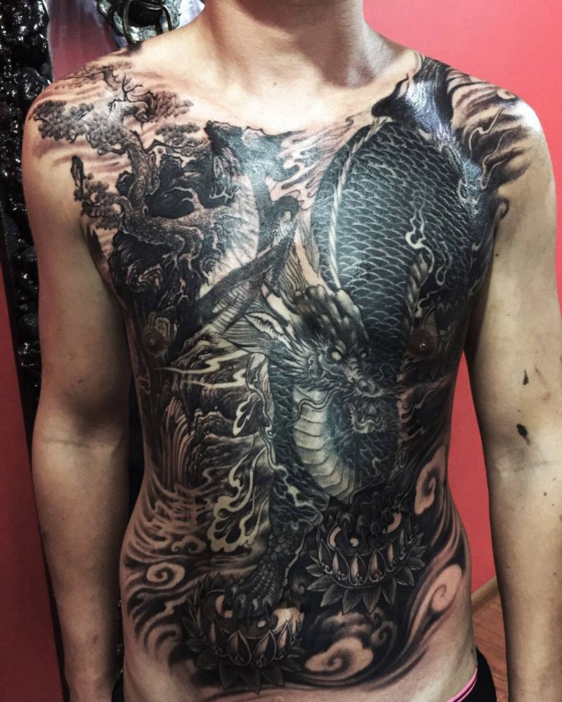 麒麟 未完成作品纹身图片_胸部腹部传统神兽遮盖作品修改动物纹身图案