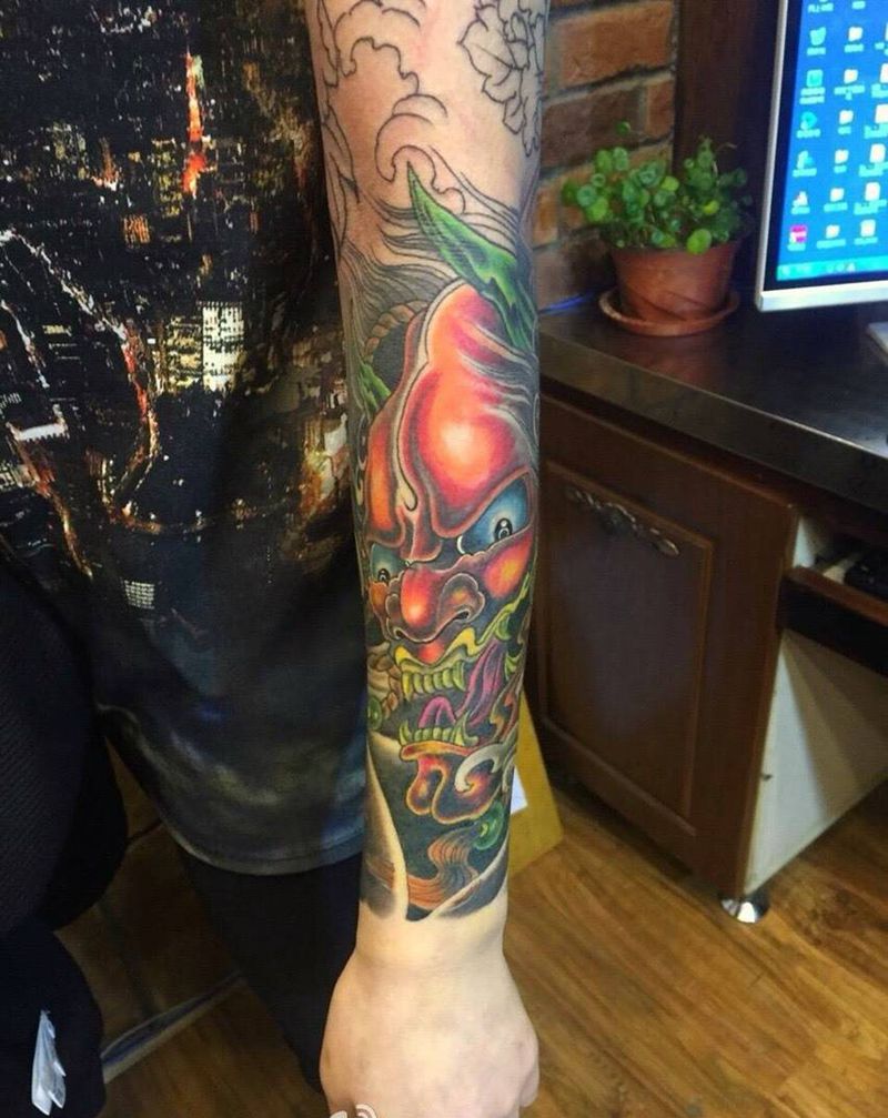 美女的花臂，下次继续！纹身图片_成品手臂传统人物植物鬼神花臂纹身图案