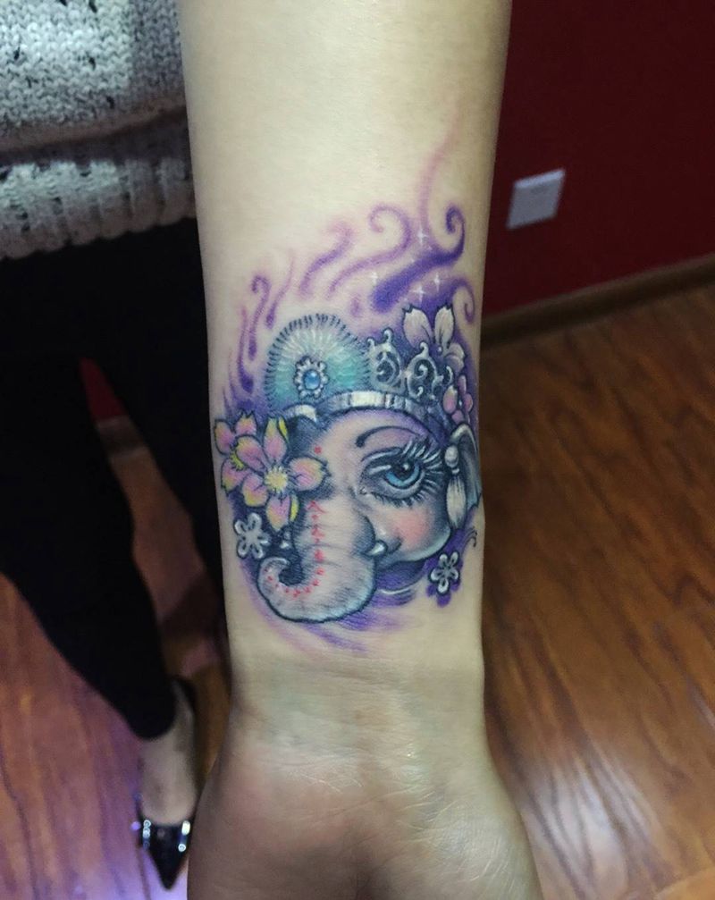 萌萌的小象纹身图片_成品手臂传统动物原创神兽宗教人物纹身图案