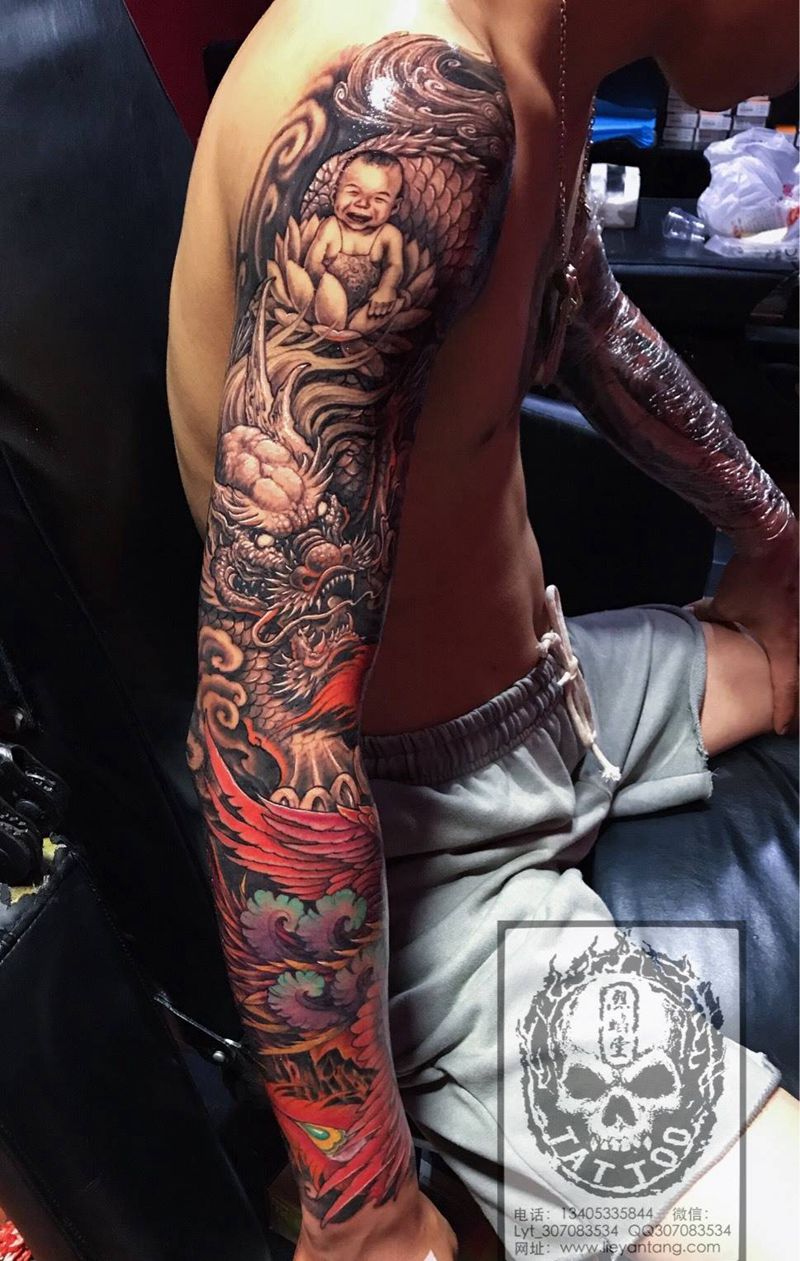 麒麟送子纹身图片_成品手臂传统人物动物神兽原创纹身图案