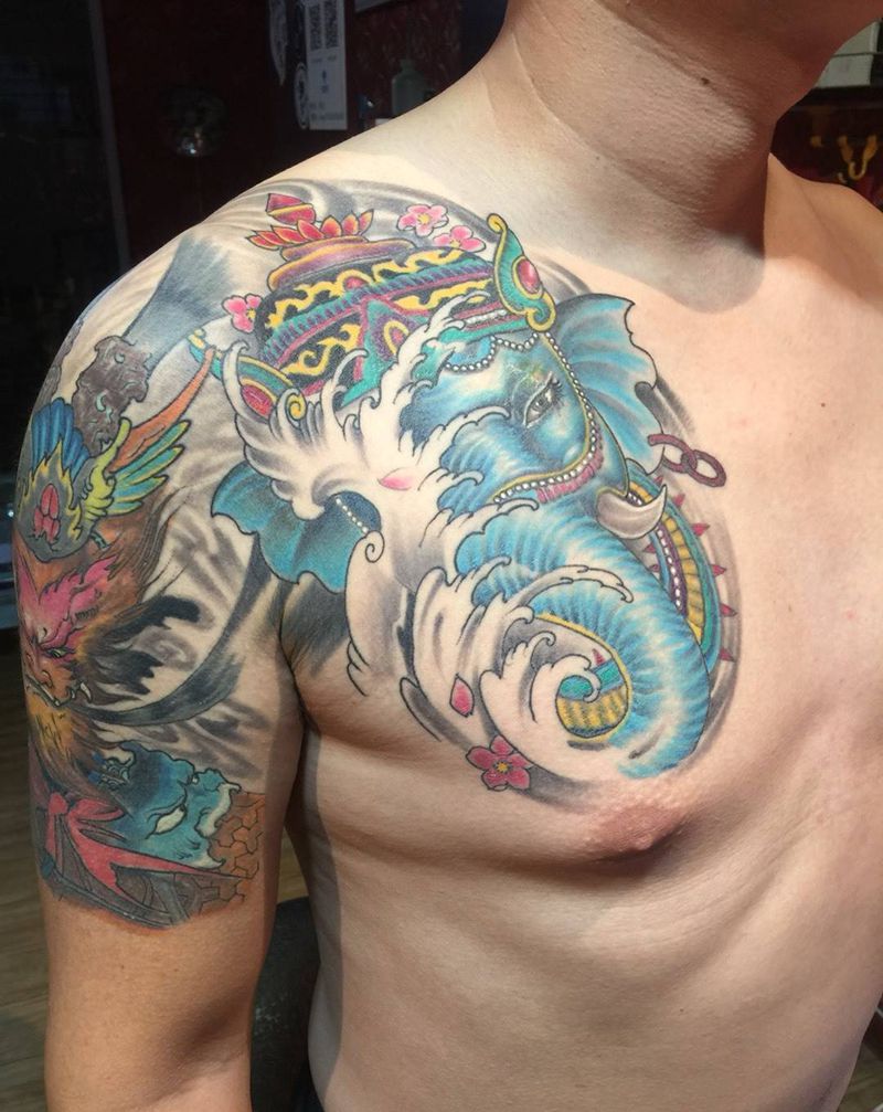 悟空象神半甲纹身图片_胸部手臂肩部纹身图案