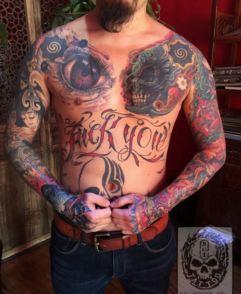 双甲花臂纹身图片_成品胸部肩部手臂欧美动物原创遮盖作品修改人物纹身图案