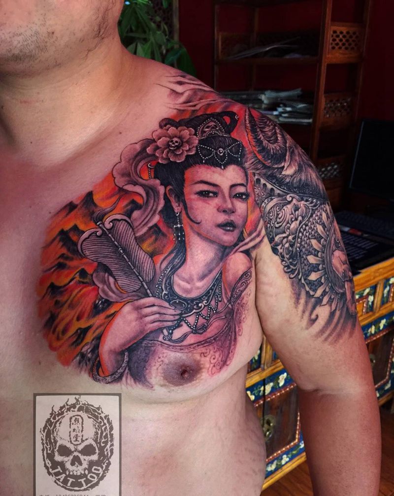 牛魔王铁扇公主纹身图片_成品胸部肩部传统原创鬼神人物纹身图案