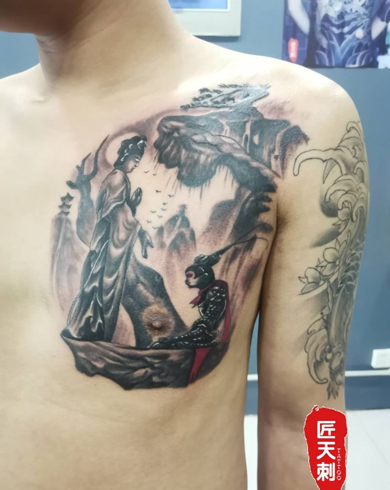 观音悟空纹身图片_胸部新传统水墨纹身图案