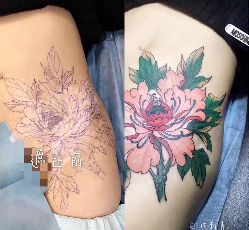 遮盖纹身图片_成品臀部腹部腰部传统植物纹身图案