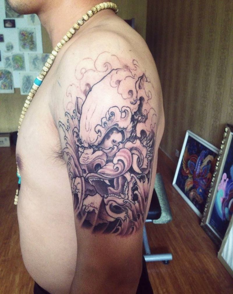 彩色唐狮子纹身图片_成品手臂传统动物纹身图案