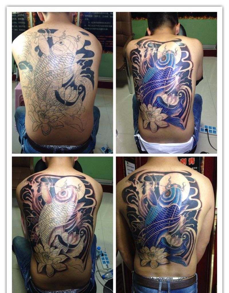 满背鱼遮盖纹身图片_背部传统动物纹身图案