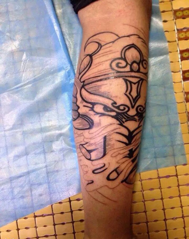 包小腿象神纹身图片_腿部成品传统动物纹身图案