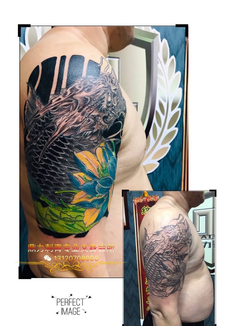 DL ~大臂熬鱼彩雾纹身图片_手臂老传统纹身图案