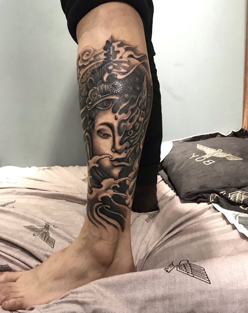 善恶小腿纹身图片_腿部纹身图案