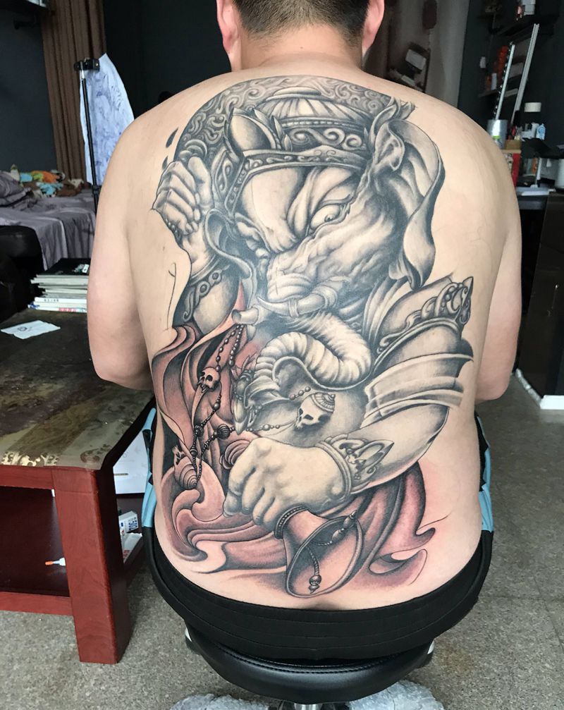 满背象神未完成纹身图片_背部新传统象神纹身图案