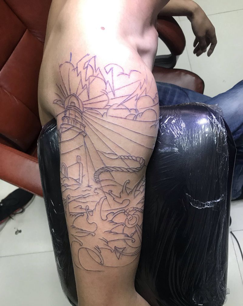 DL小半甲线条纹身图片_胸部手臂老传统纹身图案