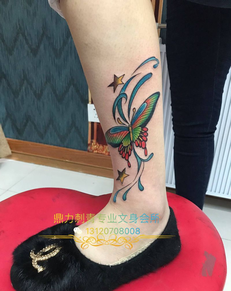 DL 脚踝彩蝶纹身图片_腿部老传统纹身图案