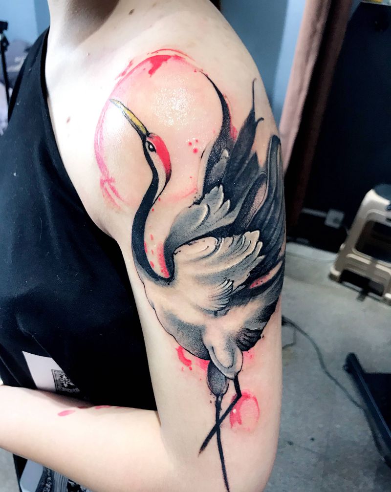 水墨仙鹤纹身图片_手臂水墨纹身图案