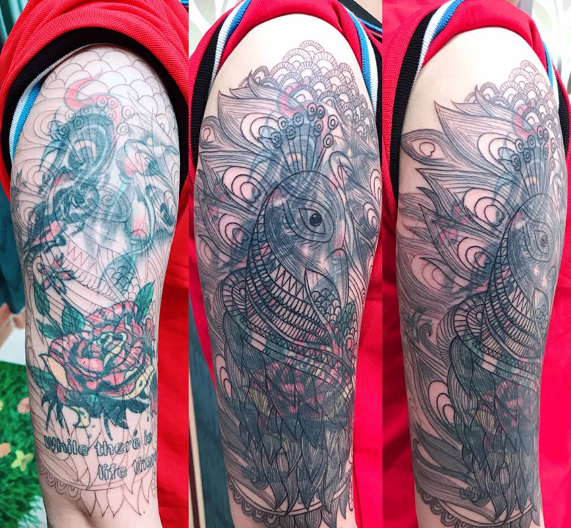 DL 大臂遮盖孔雀线条纹身图片_手臂老传统纹身图案