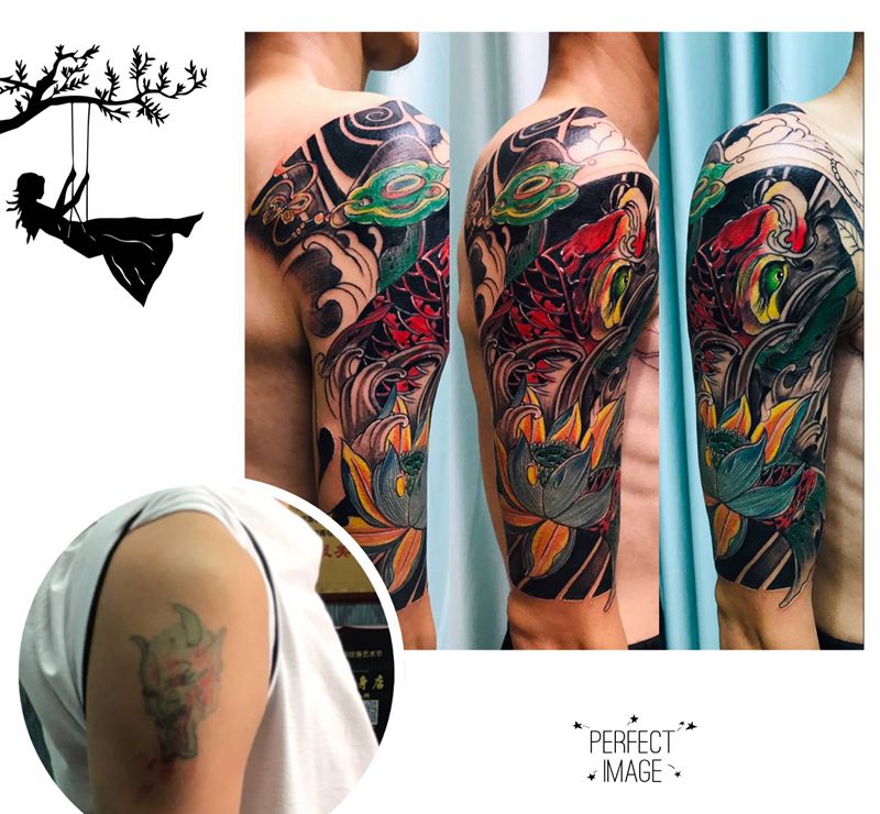 DL 大臂遮盖纹身图片_手臂胸部老传统纹身图案