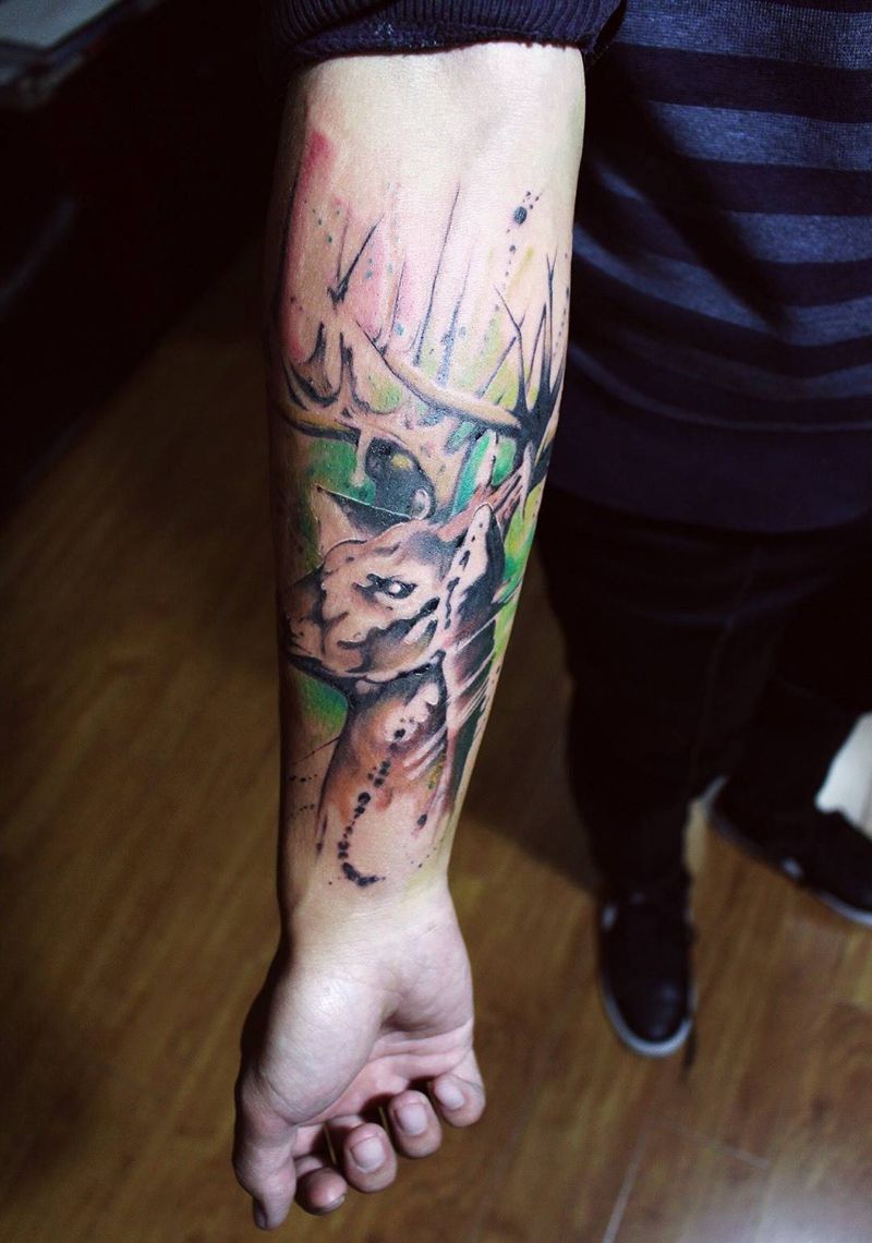 水彩鹿纹身图片_成品手臂欧美动物纹身图案