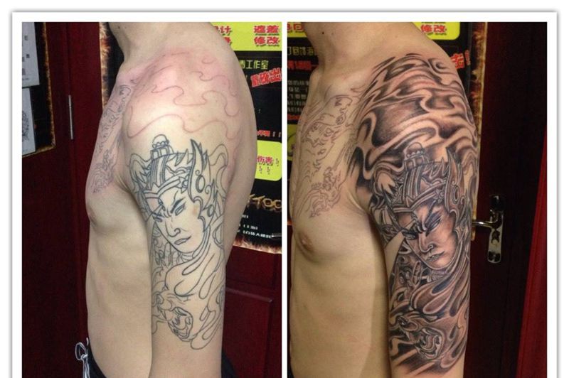 大臂二郎神君纹身图片_成品手臂肖像人物纹身图案