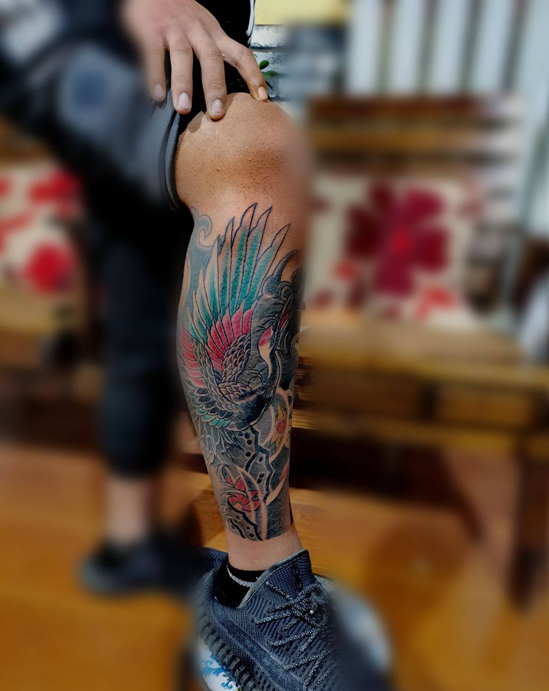 包小腿丹顶鹤纹身图片_腿部纹身图案