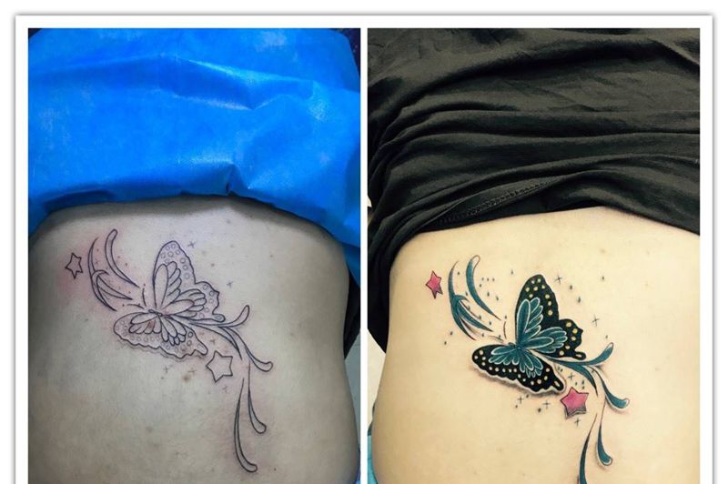 后背彩蝶纹身图片