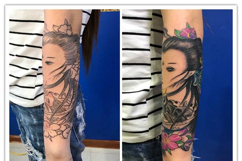 包小臂彩色艺姬纹身图片