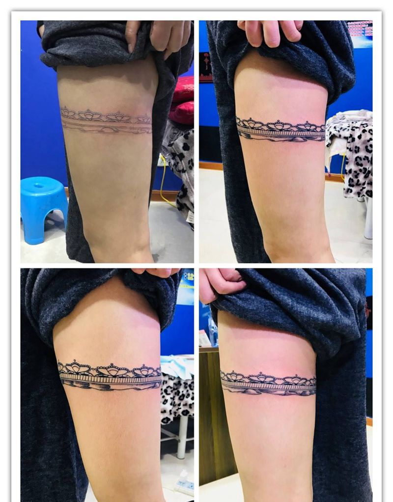 大腿蕾丝腿环纹身图片