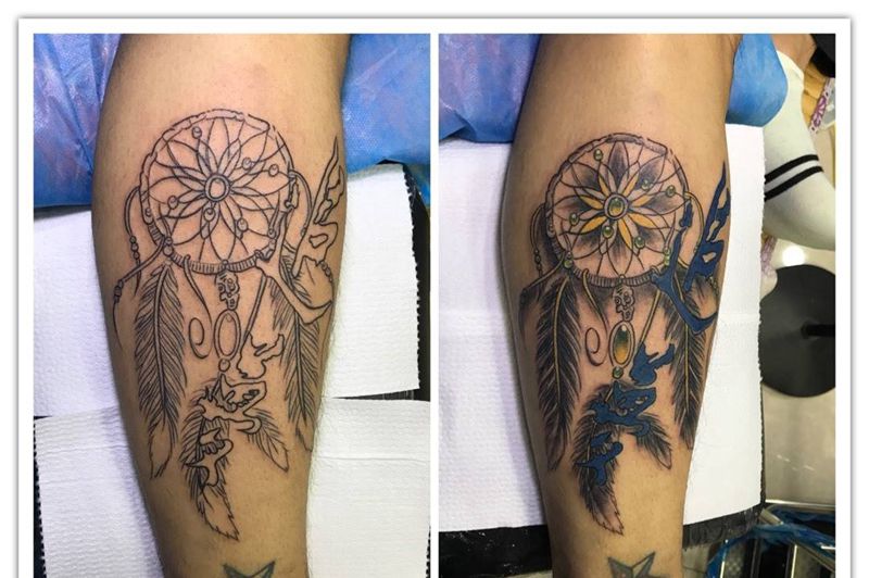 小腿捕梦网纹身图片