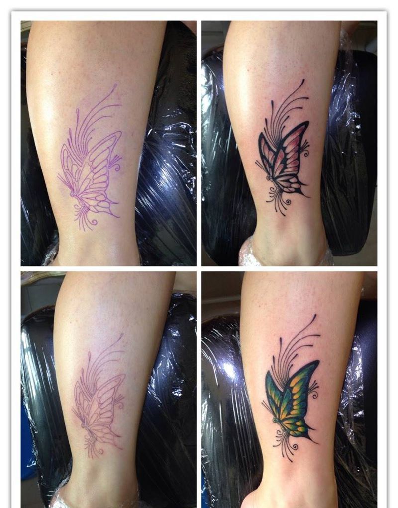 脚踝彩蝶纹身图片_成品腿部写实动物纹身图案