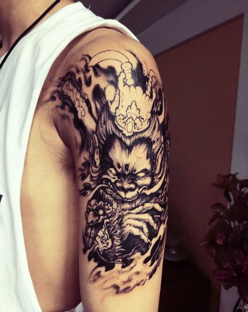 大臂猴子纹身图片_成品手臂传统动物鬼神纹身图案