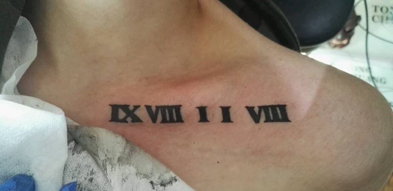 锁骨罗马数字纹身图片_颈部欧美写实字符成品纹身图案