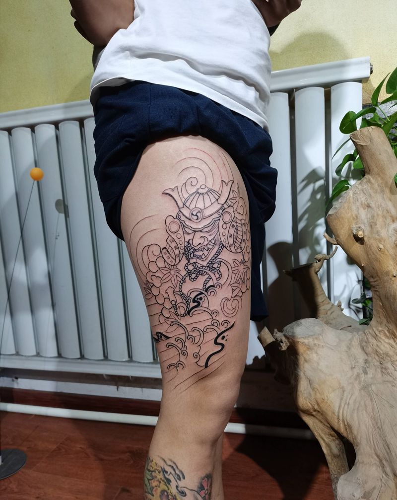 鬼武士纹身图片_腿部纹身图案