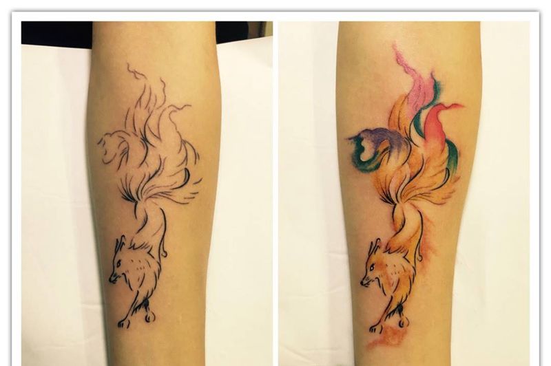 小臂水墨狐纹身图片