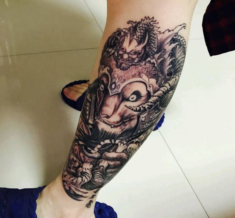 羊武将纹身图片_腿部传统动物鬼神成品纹身图案