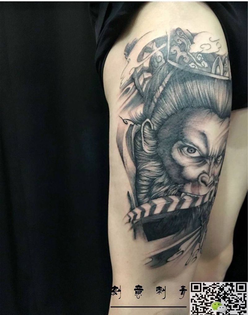 齐天大圣纹身图片_成品腿部传统人物动物纹身图案