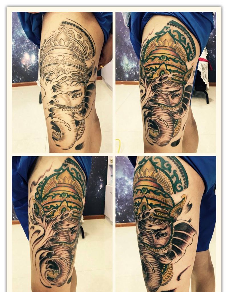 大腿象神纹身图片