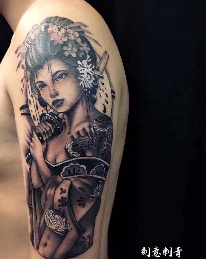 艺妓纹身图片_成品手臂传统肖像人物纹身图案