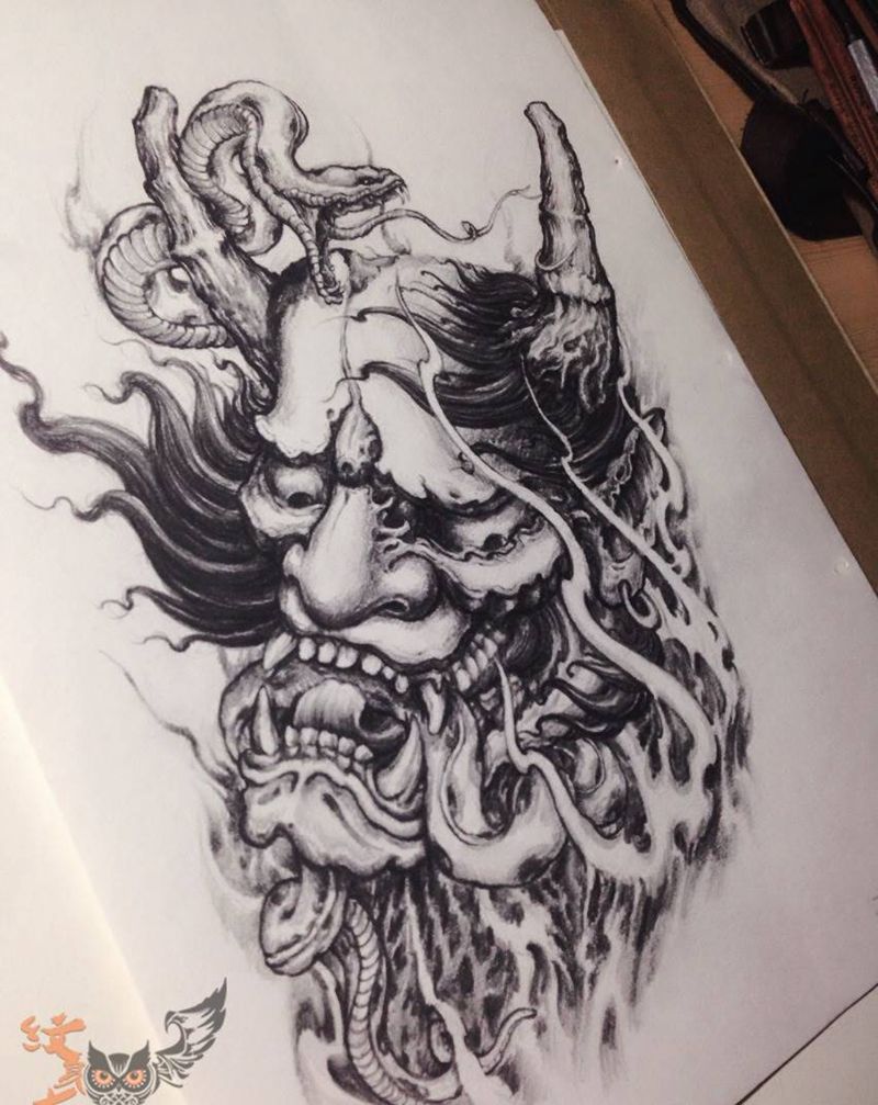 般若和蛇纹身图片_手稿背部传统人物鬼神纹身图案
