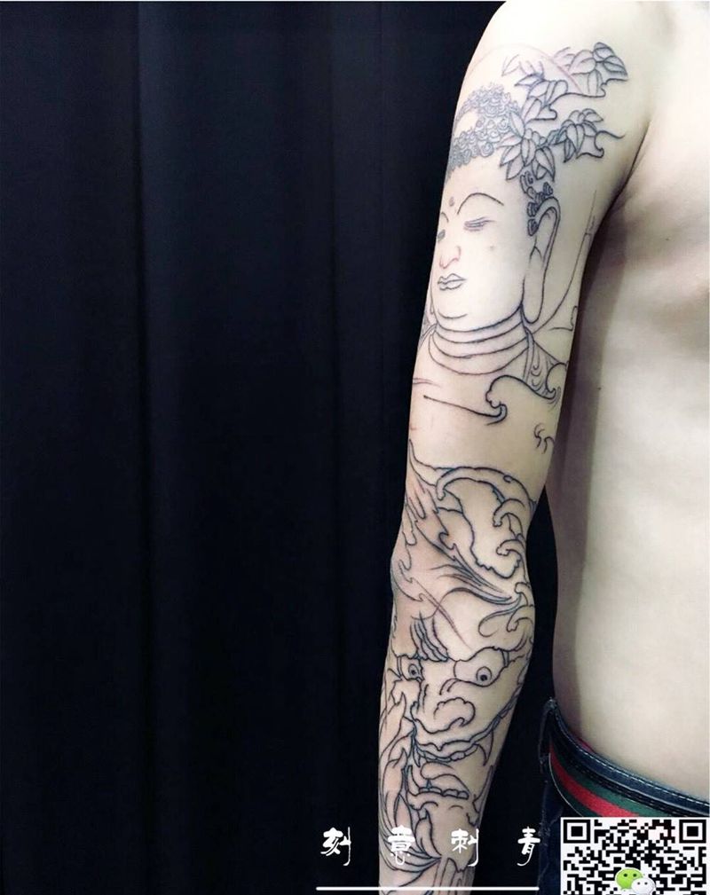 花臂未完成纹身图片_成品手臂传统鬼神人物纹身图案