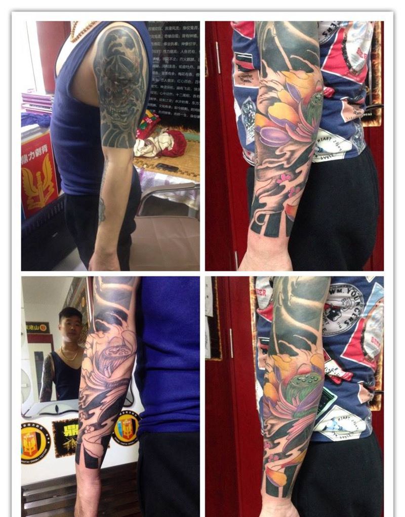 接花臂纹身图片_成品手臂传统植物纹身图案