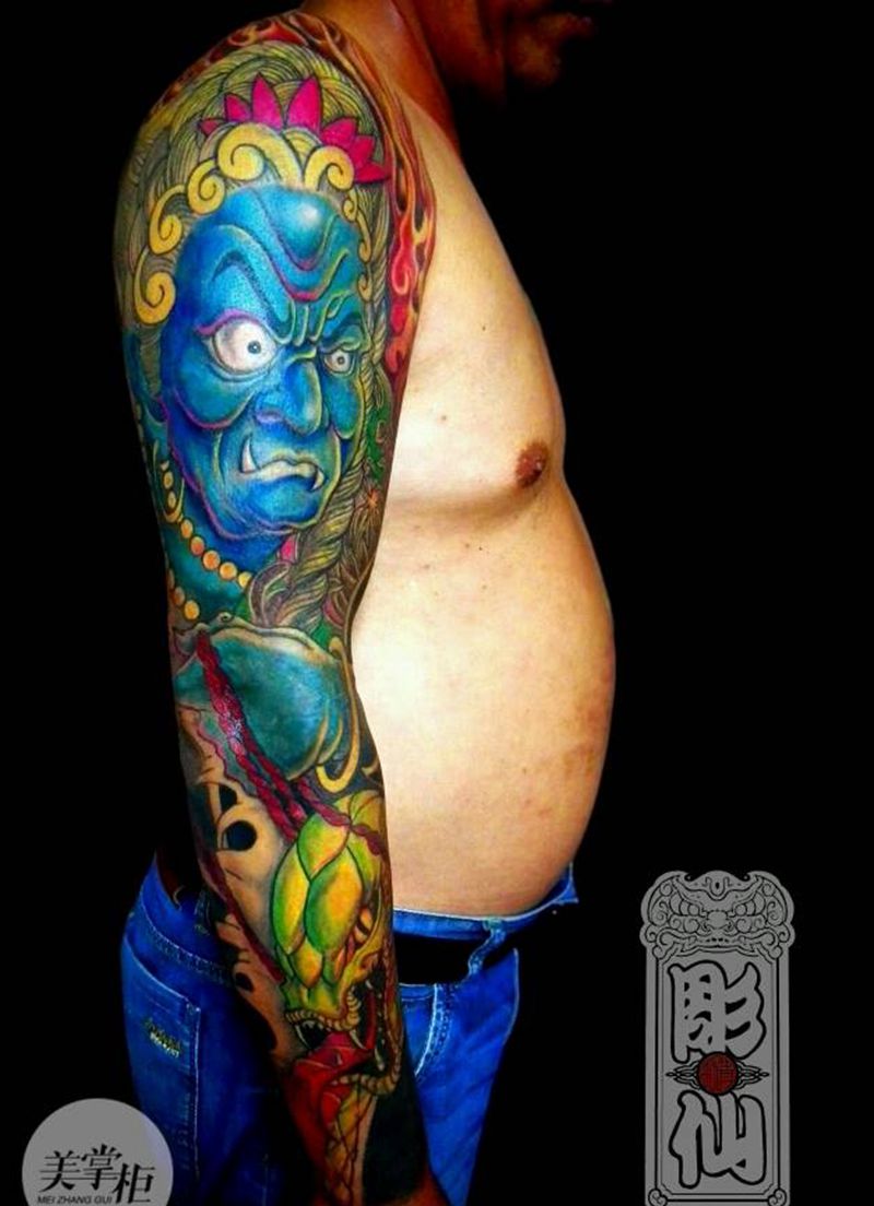 不动明王遮盖纹身图片_传统手臂宗教原创彫仙纹身图案