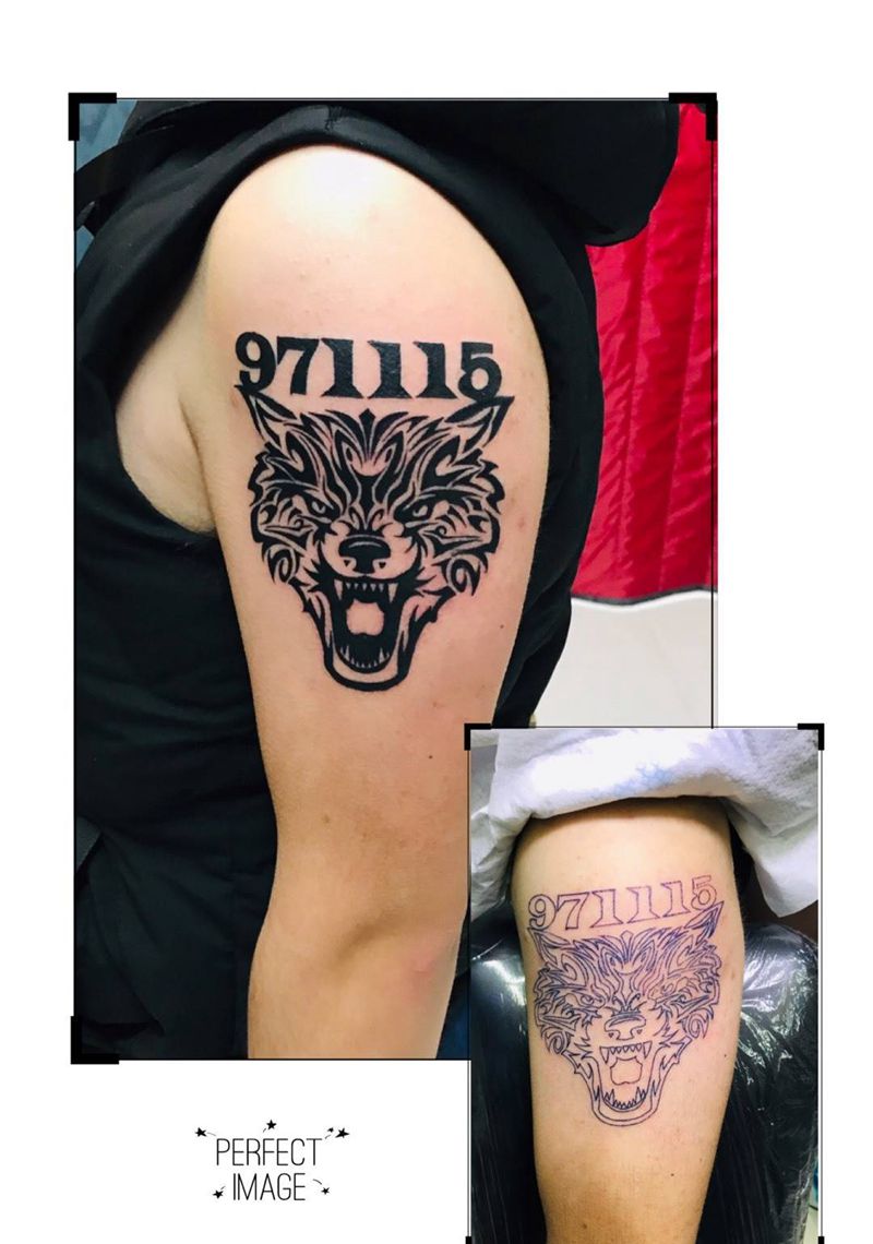 大臂图腾狼头纹身图片