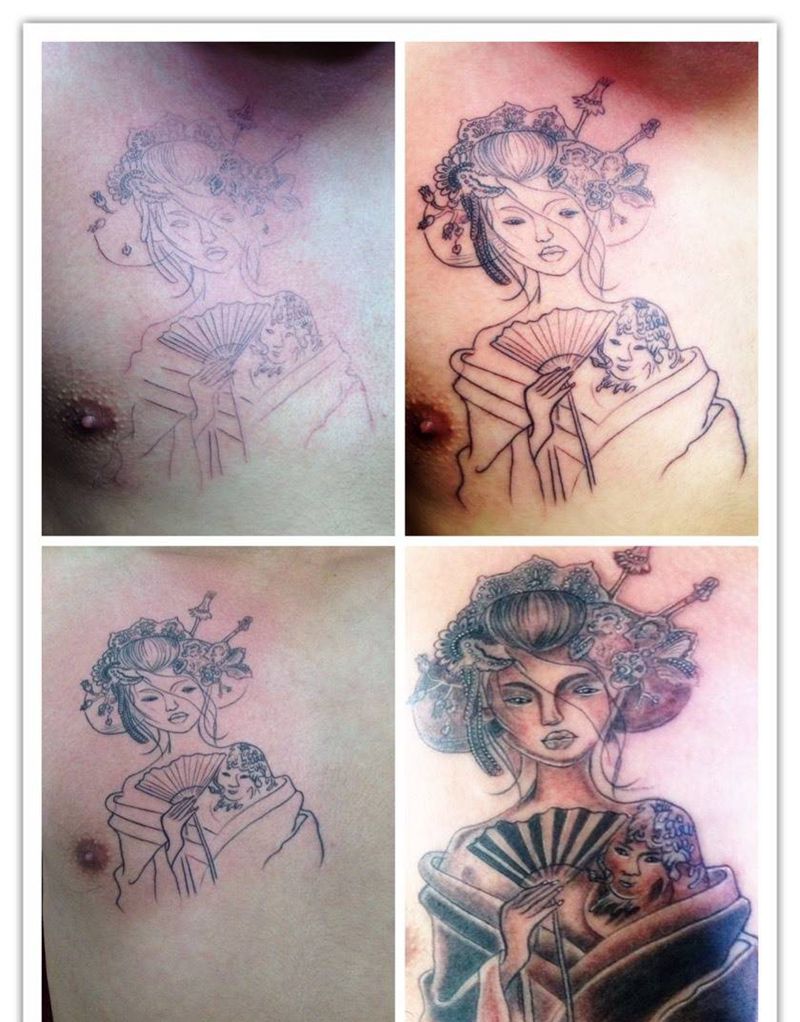 小花胸袖珍小艺姬纹身图片_成品胸部肖像人物纹身图案