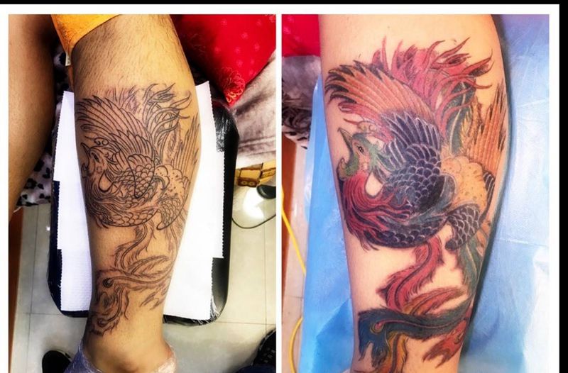 小腿彩凤纹身图片