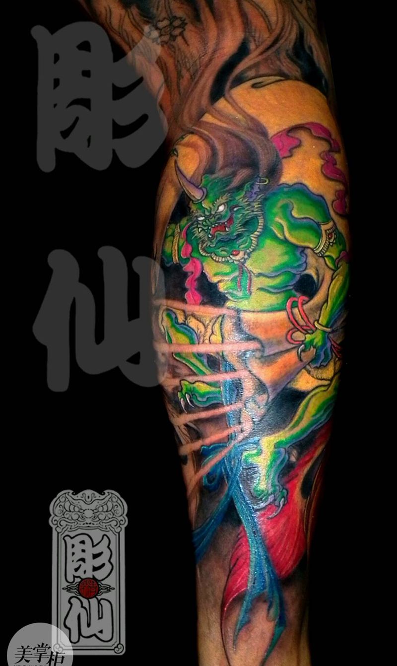 风神刺青（未完成）纹身图片_传统腿部鬼神原创彫仙纹身图案