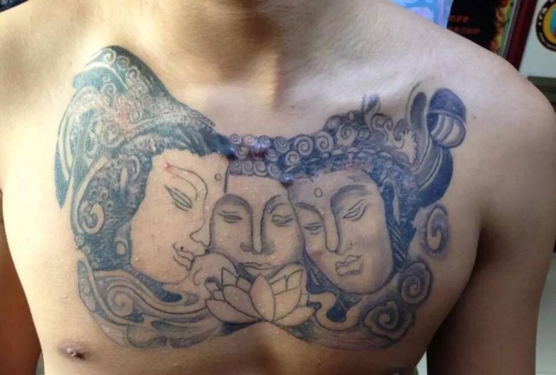 花胸三面佛纹身图片_成品胸部肖像人物纹身图案