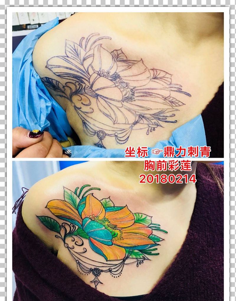 胸前彩莲纹身图片