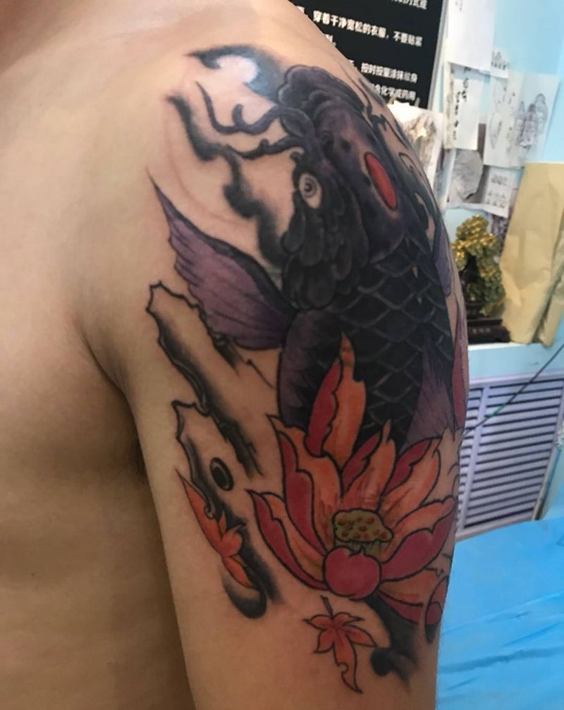 大臂鲤鱼遮盖纹身图片_成品手臂传统习俗动物原创纹身图案