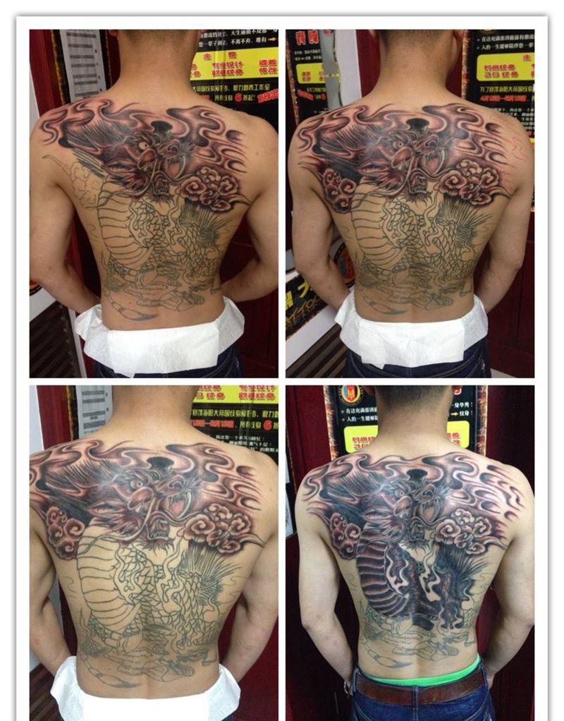 满背麒麟打雾纹身图片_背部传统动物纹身图案