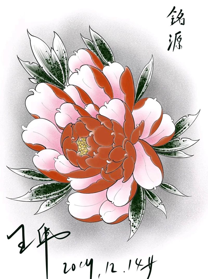 手稿：富贵牡丹纹身图片_手臂腿部新传统纹身图案