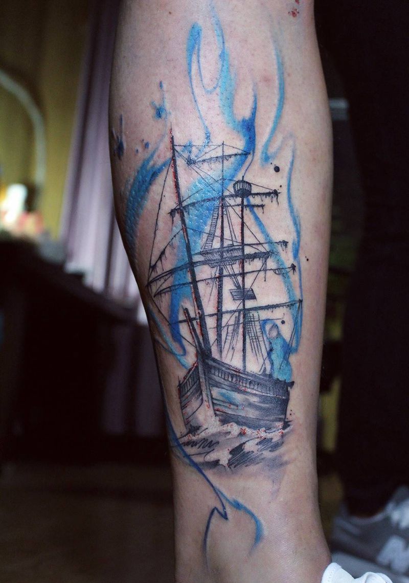 船纹身图片_成品腿部欧美纹身图案